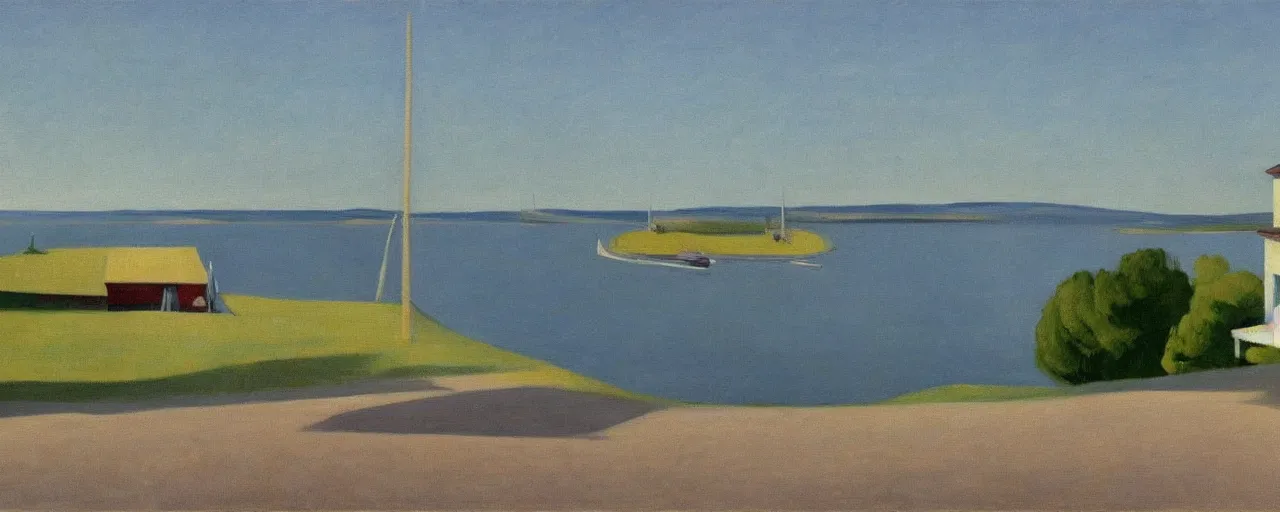 Prompt: an edward hopper style painting of ( ( ( ( ( ( ( ( balatonfured, a resort town in veszprem county, in hungary ) ) ) ) ) ) ) ), late - spring, may of 1 9 4 8