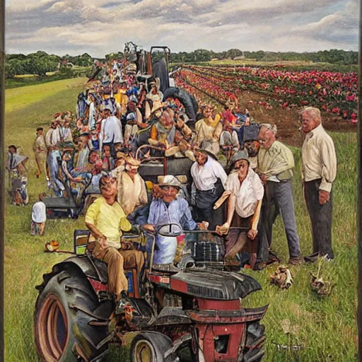 Prompt: a highly detailed happy portrait of many people standing on a tractor. they all have alcohol, james gurney, james jean