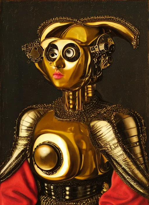 Image similar to a portrait of a shiny metallic renaissance steampunk robot, in the style of Jan van Eyck,