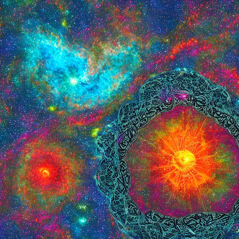 Image similar to a centered and symmetrical intricate hexagonal 3 d metal contraption with finely structured nylon string structures by dan mumford, colorful twirling smoke trails, a twisting vortex of dying galaxies, collapsing stars and supernovae, digital art, photorealistic, vivid colors, highly detailed, intricate