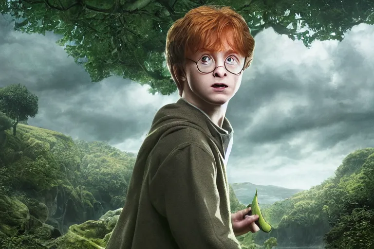 Image similar to an ultra realistic, cinematic, headshot portrait, of harry potter, ron weasley, hermoine granger as an avocado, fantasy, avocado, facial features, background of a vast serene landscape, with trees and rivers, detailed, deep focus, movie still, dramatic lighting, ray tracing, by michal karcz and yoshitaka amano