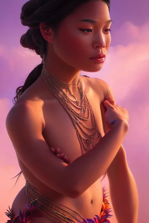 Image similar to body portrait of hawaiian princess wearing a lea, by terry o'neill intricate, elegant, highly detailed, digital painting, glistening skin, artstation, concept art, smooth, sharp focus, contrasting lighting, bright colors, dark background, illustration, art by artgerm and greg rutkowski and alphonse mucha, 8 k