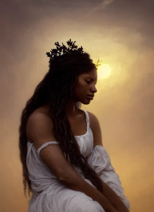 Prompt: oil painting close up portrait of a contemplative young black woman with long flowing hair in a white dress, wearing a crown of white roses!! at sunset, hazy, digital art, chiaroscuro, artstation, cinematic, golden hour, concept art, digital art painting by greg rutkowski, william - adolphe bouguereau, hazy atmosphere, cinematic lighting, flowers