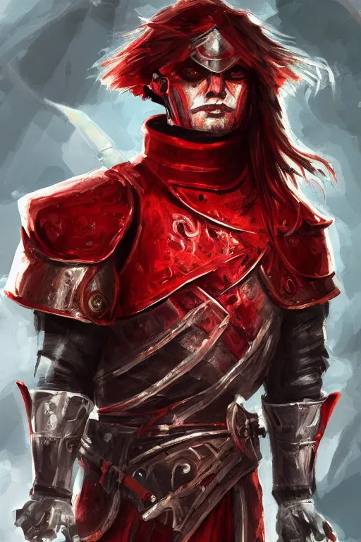 Prompt: a knight in red armour that's scaling, looking angry, one eye is red, scars on the face, long wavy red hair, male, with a black sword, artstation, in the style of Ami Thompson, digital, detailed