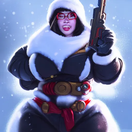 Image similar to a screenshot of arnold schwarzenegger as mei in the snow shooting frost gun in overwatch, portrait, fantasy, beautiful face, vivid colors, elegant, concept art, sharp focus, digital art, hyper - realistic, 4 k, unreal engine, highly detailed, hd, dramatic lighting by brom, trending on artstation