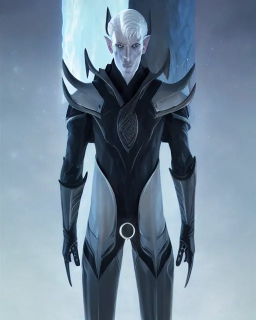 Image similar to character portrait of a slender young white haired half elven man with piercing blue eyes and pale bluish skin, wearing smooth sleek pearlescent black wraithbone powerarmor, by greg rutkowski and mark brookes and jim burns and tom bagshaw and magali villeneuve, trending on artstation