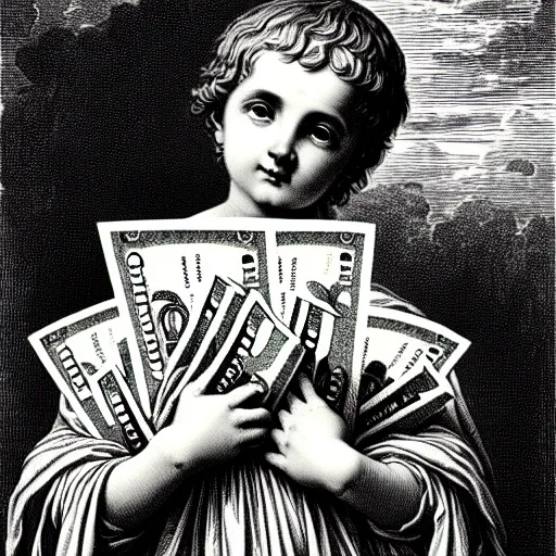 Image similar to lil baby holding stacks of cash, biblical image, style of gustave dore, highly detailed, beautiful, high contrast, black and white