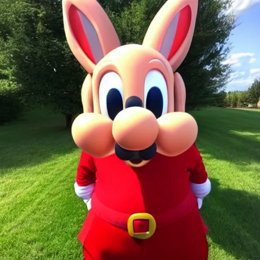 Prompt: real life big chungus dressed like mario, super mario, big chungus, fat bugs bunny, high resolution photo