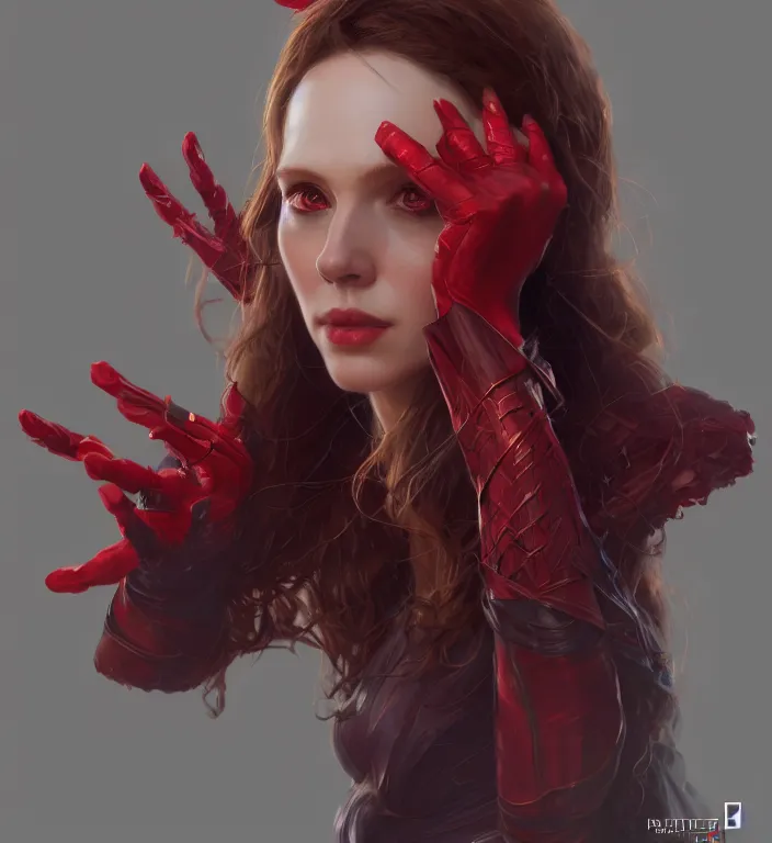 Image similar to Scarlet Witch, portrait, full body, hyper detailed, digital art, trending in artstation, cinematic lighting, studio quality, smooth render, unreal engine 5 rendered, octane rendered, art style by klimt and nixeu and ian sprigger and wlop and krenz cushart