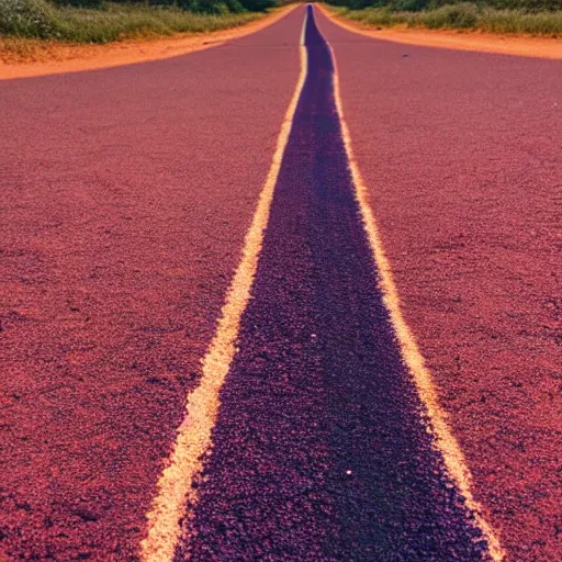 Prompt: purple road on a red sand beach