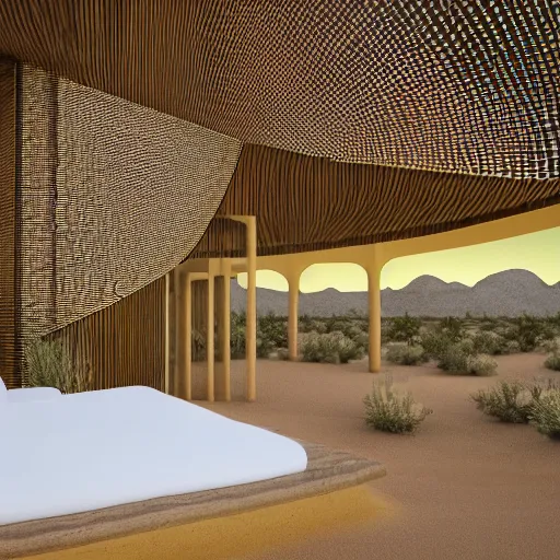 Image similar to biophilic conceptual hotel in the desert, high detaild, realistic, golden ratio