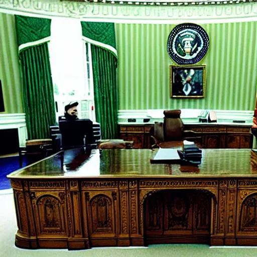 Prompt: the oval office, completely covered in green slime