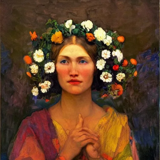 Image similar to the flower crown, by Annie Swynnerton and Nicholas Roerich, elaborate costume, flowers, rich color, dramatic cinematic lighting, smooth, sharp focus, extremely detailed