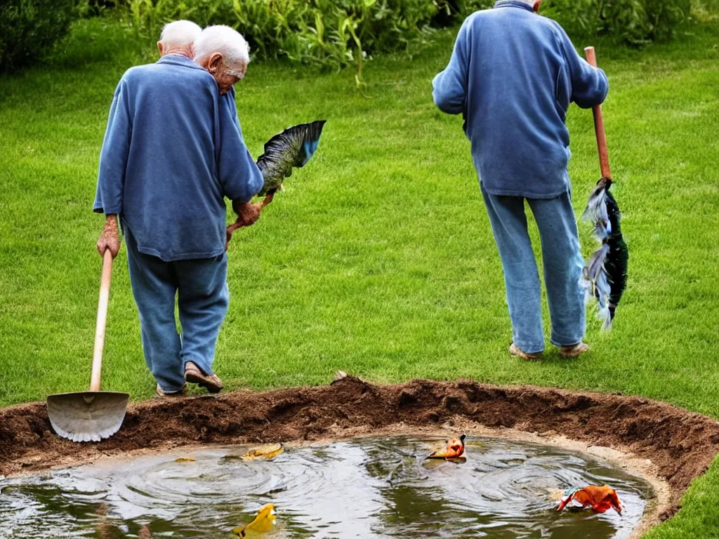 Prompt: old man appears carrying a shovel. he's also carrying a fish. then i remember, the fish in the pond died yesterday, and he's going to bury it. old woman had seen the neighbour burying their pet cat and thought that it was the thing to do.