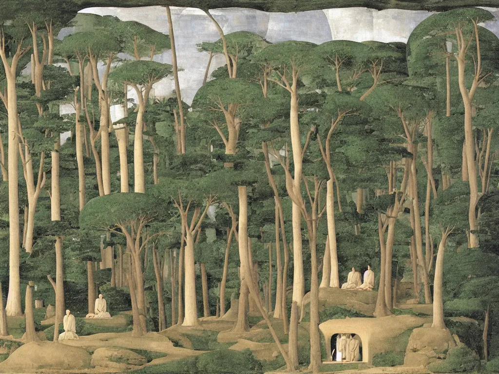 Image similar to Monks meditating in a cave. Thunderstorm outside, cypresses, ferns. Painting by Piero della Francesca.