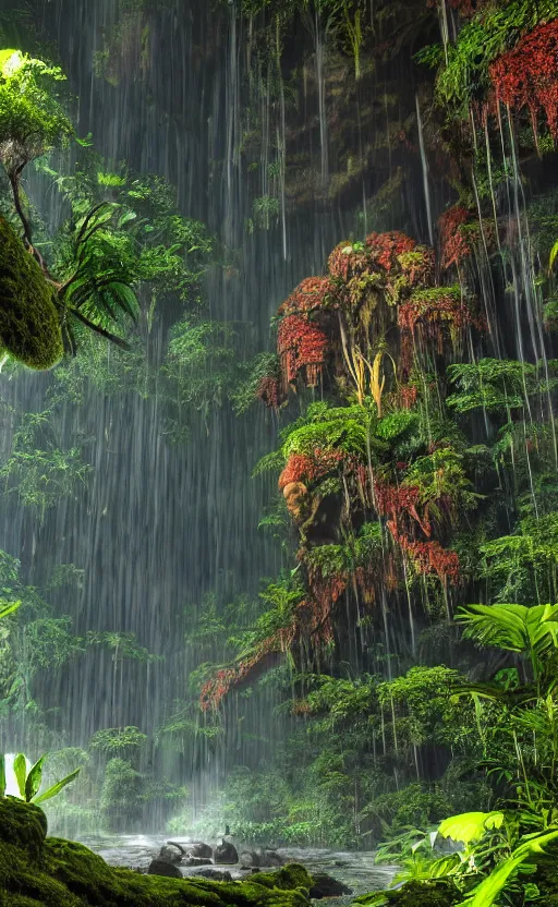 Image similar to a beautiful render of a dark prehistoric rainforest in a humongous cave, lush flora, patches of yellowish - red - magenta sky, sunset lighting, floating mountains and a waterfall in the background, intricate detail, hazy, humid, volumetric lighting, god rays, 8 k, photorealistic, raytracing effects, unreal engine 5