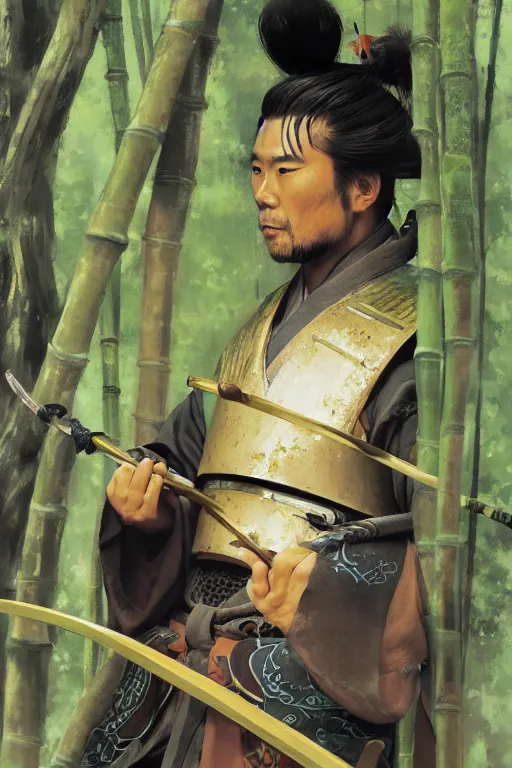 Prompt: close up of a wandering samurai in full armor sitting in a dark bamboo forest, by huang guangjian and gil elvgren, sachin teng, greg manchess