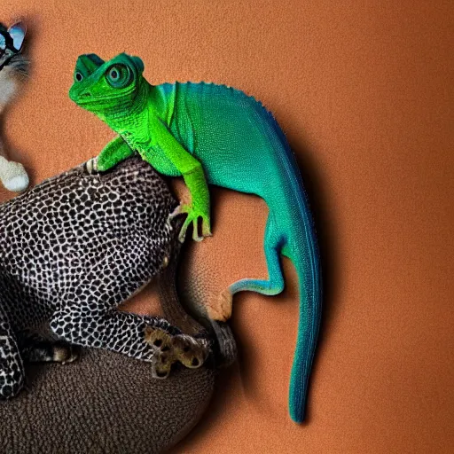 Image similar to photo of a cat and chameleon best friends