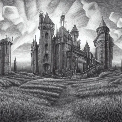 Prompt: a grassy plain with a huge gothic castle, fantasy fortress university, art noveau, artstation, beutifully detailed pencil drawing, wide angle