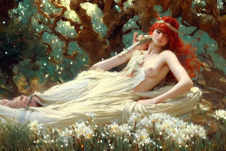 Image similar to a tired warrior relaxing under a huge tree with white flowers, fantasy, painting by gaston bussiere, craig mullins, j. c. leyendecker, trending on artstation