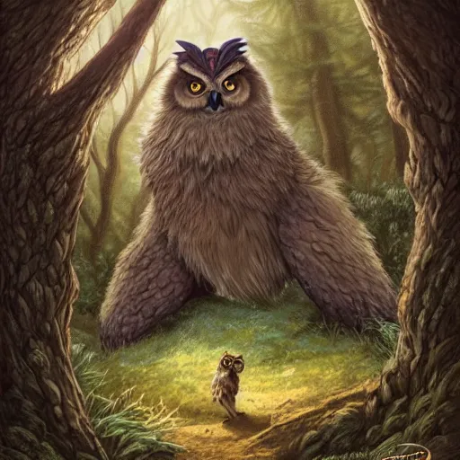 Prompt: three quarter portrait of an owlbear in the forest, d & d, fantasy, magali villeneuve,