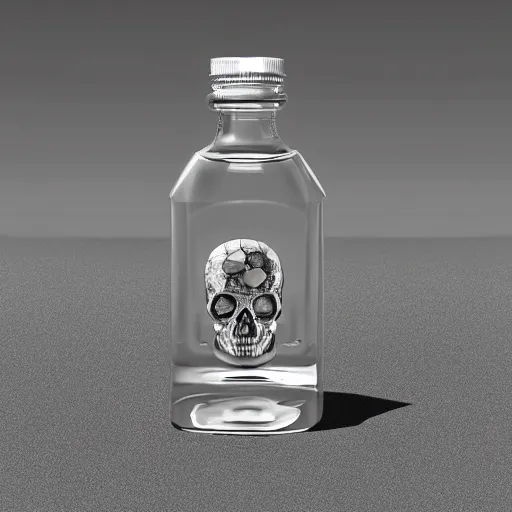 Prompt: crystal skull cologne bottle, clear liquid, with silver runes on it, photorealistic, product photography, 3D