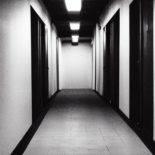 Prompt: a pitch black hallway with no windows and one deep red exit sign at the end, photographed at night