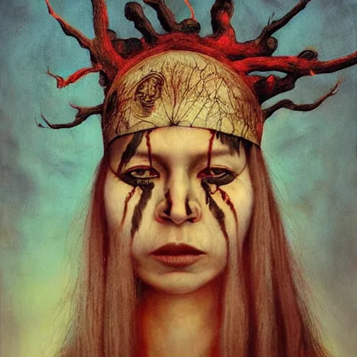 Image similar to A young blindfolded shaman woman with a decorated headband from which blood flows, in the style of heilung, blue hair and wood on her head. The background is a forest on fire, made by Esao Andrews and Karol Bak and Zdzislaw Beksinski,