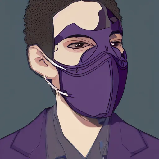 Prompt: professional digital art of a stylish young adult man with a black face mask, earrings, and dark clothes, high quality, HD, 8K, highly detailed, award-winning, sci-fi, fantasy, movie character, concept art, fashion, dark purple clouds, night