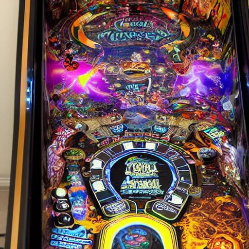 Prompt: full view of a cosmic horror pinball machine, photo