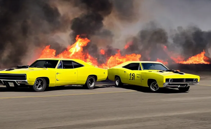 Image similar to a yellow 1 9 6 9 dodge charger daytona driving on a freeway. fire explosion in the background, action scen. realistic. high resolution. dramatic