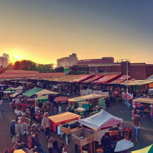 Image similar to film still, establishing shot of bustling farmers market, golden hour, high angle