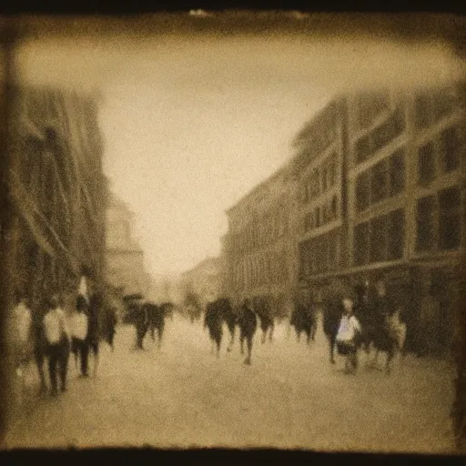 Prompt: street photograph from the 1600s, faded, blurry, first ever photograph