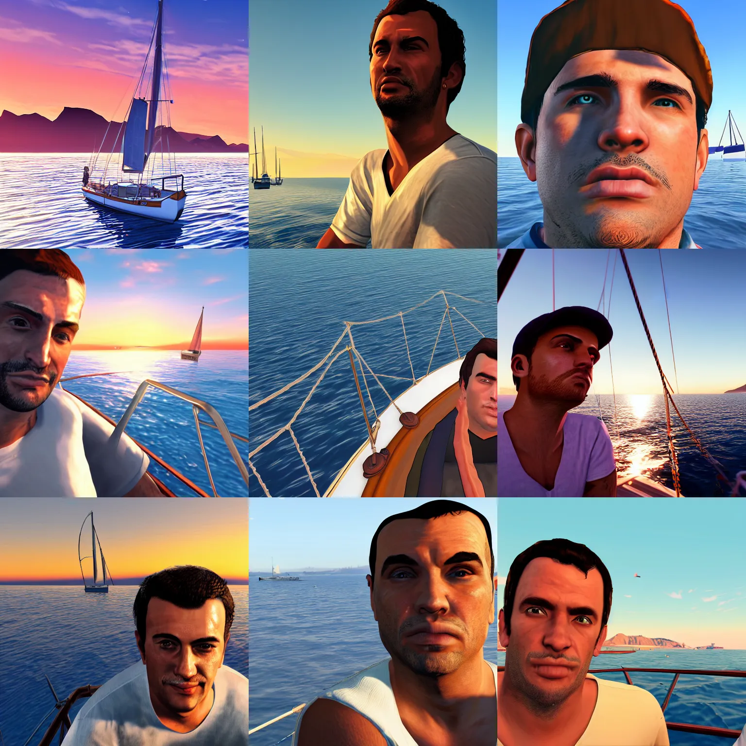 Prompt: 26 year old man on a sailboat, closeup, detailed, sunset, GTA V poster