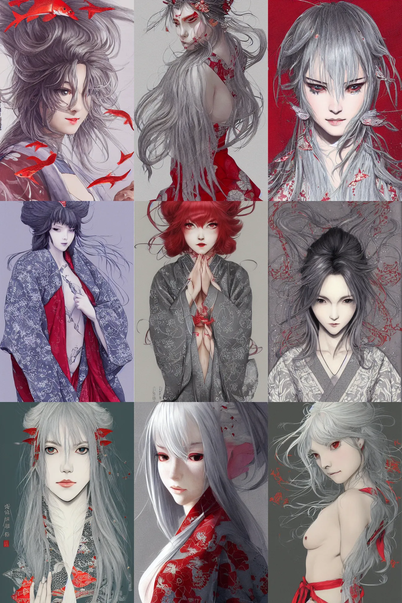 Prompt: girl, silver hair, kimono with red fish patterns, trending on artstation, detailed, looking to camera, body shot, ilustration by Takehiko Inoue and Yoann Lossel