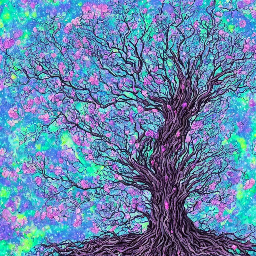 Prompt: dying grey demon grown into a mighty tree of life with blue foliage and a pink glow with huge wide angel wings laying in beautiful summer flowers in amazing serene landscape in sun rays All the flowers around me are blooming. Lovely Peaceful elvish forest on corners. Red burning meteor falling on background. Apples and birds on trees. Rainbow. Raining. Starts falling. Incredible colors. Hyperdetailed. Autumn color scheme.