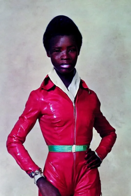 Prompt: youthful african female blade runner demure, exquisite features, feminine cut, 1 9 7 0's frontiers in flight suit,