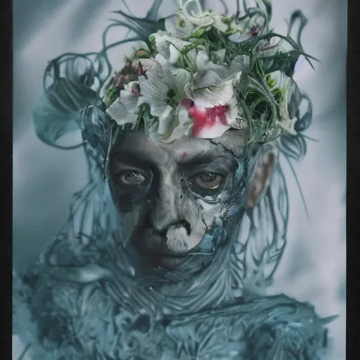 Image similar to a beautiful detailed front view portrait of a rotten woman corpse with fractal plants and fractal flowers growing around, volumetric light, beautiful lit, polaroid photography