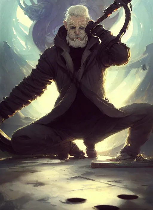 Image similar to low angle picture of a weapon master, holding a ego weapons to the camera, long black jacket, neat white beard and hair, scar on the eye, bored, tired, ego weapons all over the floors, smoking with squat down pose, highly detailed face, deep eyes, intricate, masterpiece, fantasy illustrations by peter mohrbacher and anato finnstark and jeremy lipking