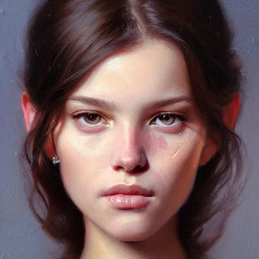 Image similar to Facial portrait of a cute girl, looking at the camera, slight awkward smile, lips slightly parted, no hands visible, elegant, intricate, extremely detailed painting by Greg Rutkowski and by Henry Justice Ford and by Steve Henderson