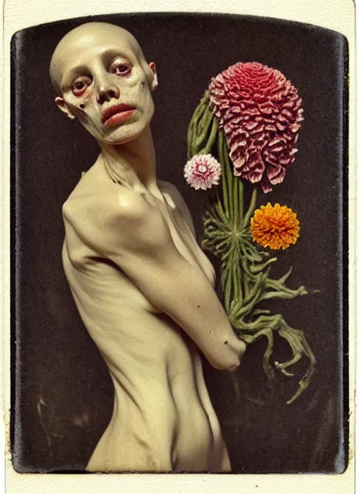 Image similar to beautiful and detailed rotten woman made of plants and many types of flowers like carnation, chrysanthemum and tulips, muscles, intricate, organs, ornate, surreal, john constable, guy denning, gustave courbet, caravaggio, romero ressendi 1 9 1 0 polaroid photo