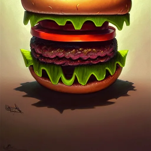 Image similar to a monster with a head like a hamburger, burger with human eyes, burger with human mouth, teeth, very detailed eyes, french fries as arms, character concept art, fantasy, intricate, fantasy drawing, illustration, highly detailed, hyperrealistic, cgsociety, artstation, oil painting by greg rutkowski, by artgerm