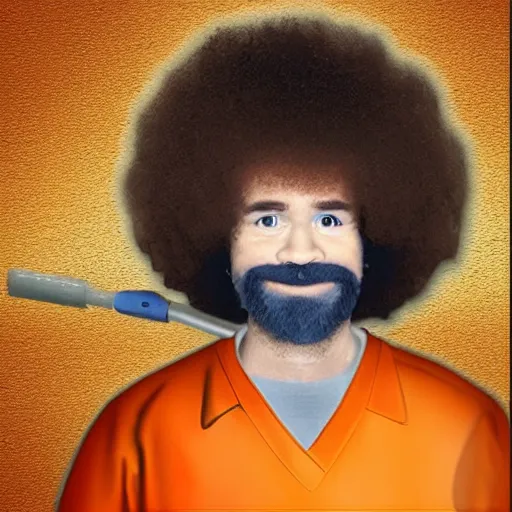 Prompt: jailphoto of a cute bob ross dressed as an inmate inside jail