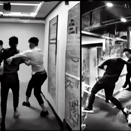 Prompt: CCTV B&W footage captures data analysts fighting in an escape room gone very wrong