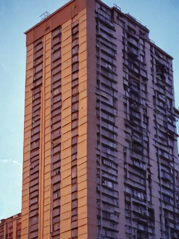 Image similar to soviet panel apartment building photo, extreme wide shot, golden hour, kodak gold 2 0 0, side - view