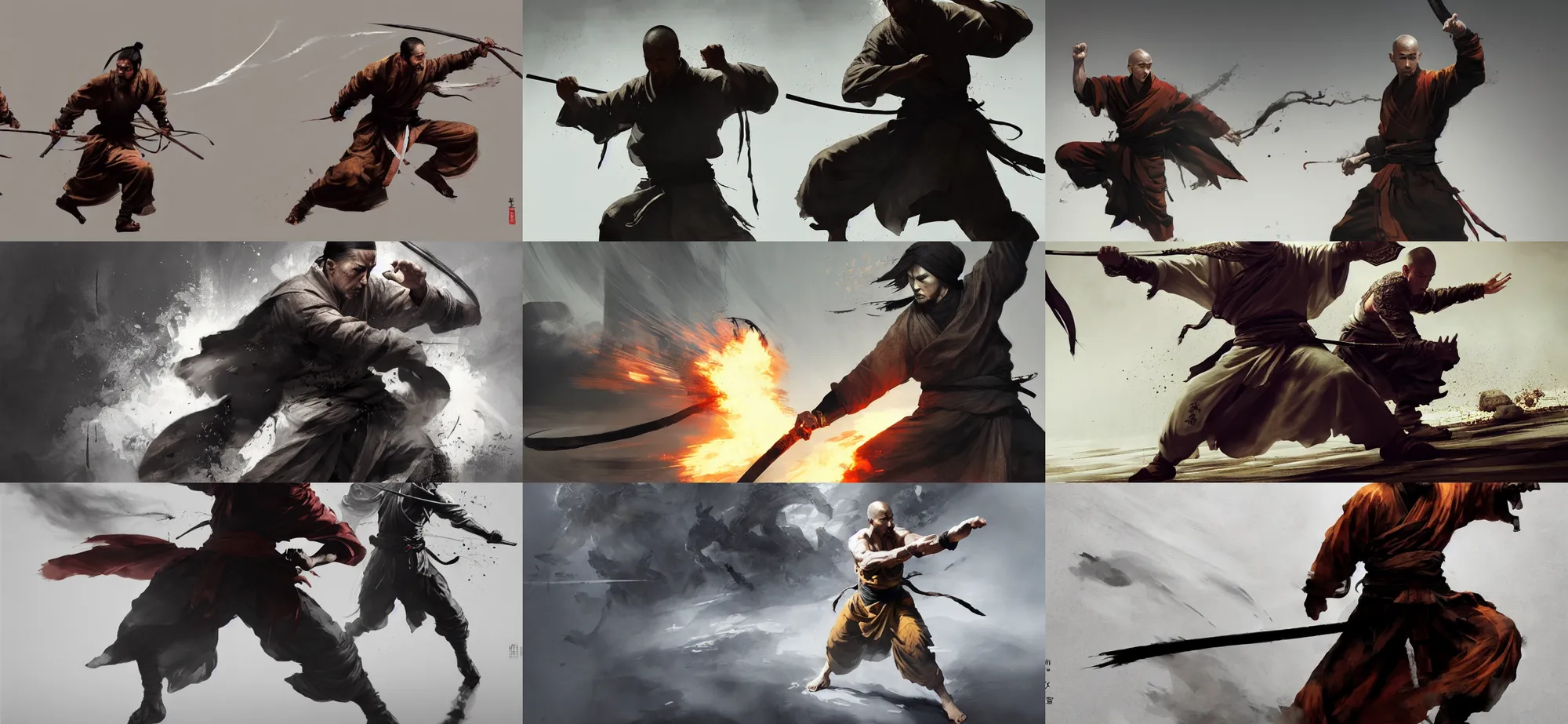 Prompt: Epic action scene, Concept art of a monk, white smoke follows his movement, full body wuxia, shaolin martial arts by Akihito Yoshitomi AND Yoji Shinkawa AND Greg Rutkowski, Mark Arian trending on artstation, 4k