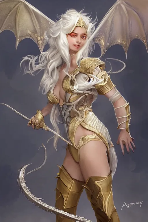 Prompt: Full body Picture of a female Dragon Tamer, fantasy inspired, shortbow, ivory skin, White hair, long messy hair, platinum attire, armor and robes, battle, detailed face features, light glowy yellow eyes, dragon hatchlings around, mountain background, D&D, by artgerm and Craig Mullins, James Jean, Andrey Ryabovichev, Mark Simonetti and Peter Morbacher, matte painting, trending on artstation, artstationHD, artstationHQ, octane, full HD, 16K, alluring