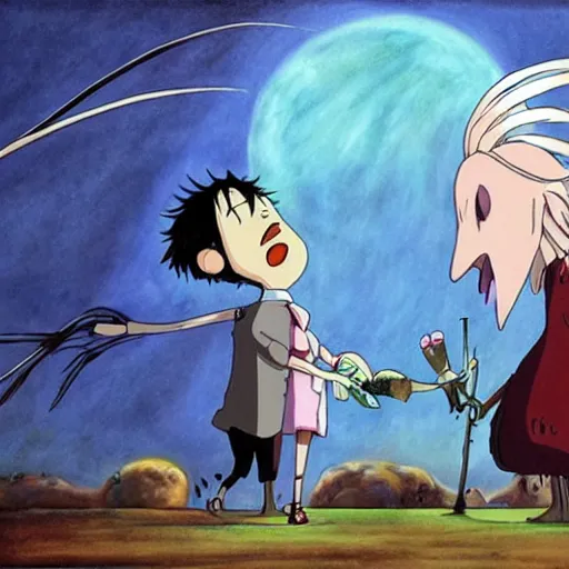 Image similar to tim burton vs studio ghibli fight in an art off