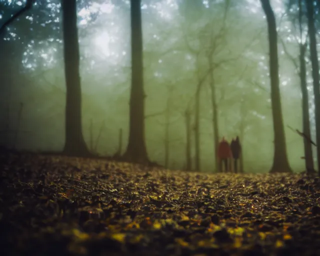 Image similar to a lomography photo of rumble between two sirenhead in foggy forest this morning, bokeh,