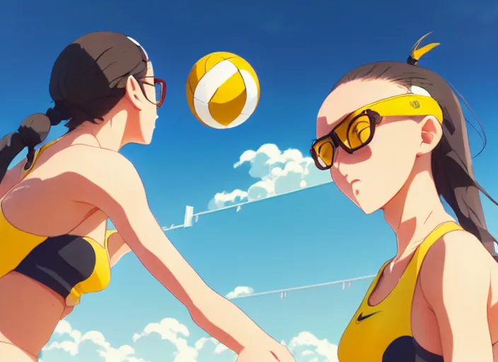 Prompt: side portrait of cute high school girl playing beach volley, sunny sky background, stadium landscape, illustration, concept art, anime key visual, trending pixiv fanbox, by wlop and greg rutkowski and makoto shinkai and studio ghibli and kyoto animation, symmetrical facial features, sports clothing, yellow sport glasses, nike shirt, backlit